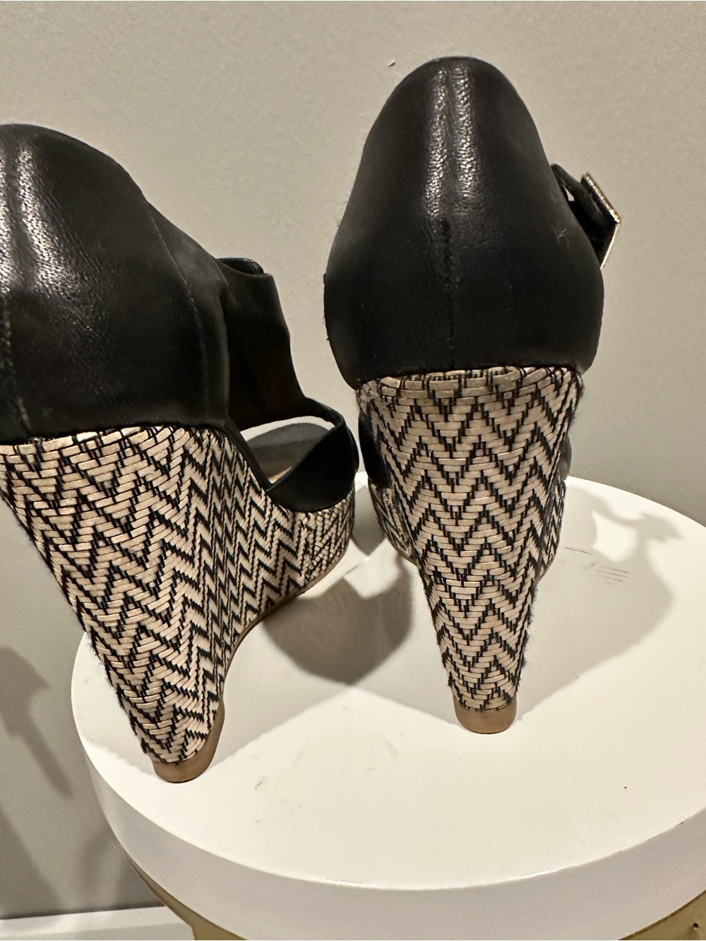 Elaine Turner Black Wedge Sandals with Chevron Raffia Heel